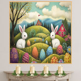Playful Easter Bunnies with Colorful Eggs in Spring Hills – Whimsical Folk Art Wall Print on Ready to Hang 1.5" Thick Canvas Wrap, Floating Framed Canvas, Flat Rolled Canvas
